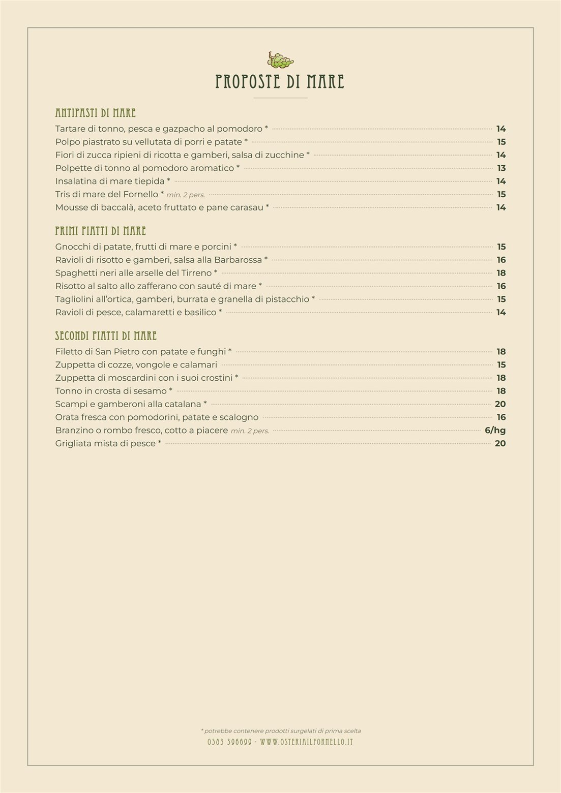 Menu d'Estate 2026 — proposte di mare